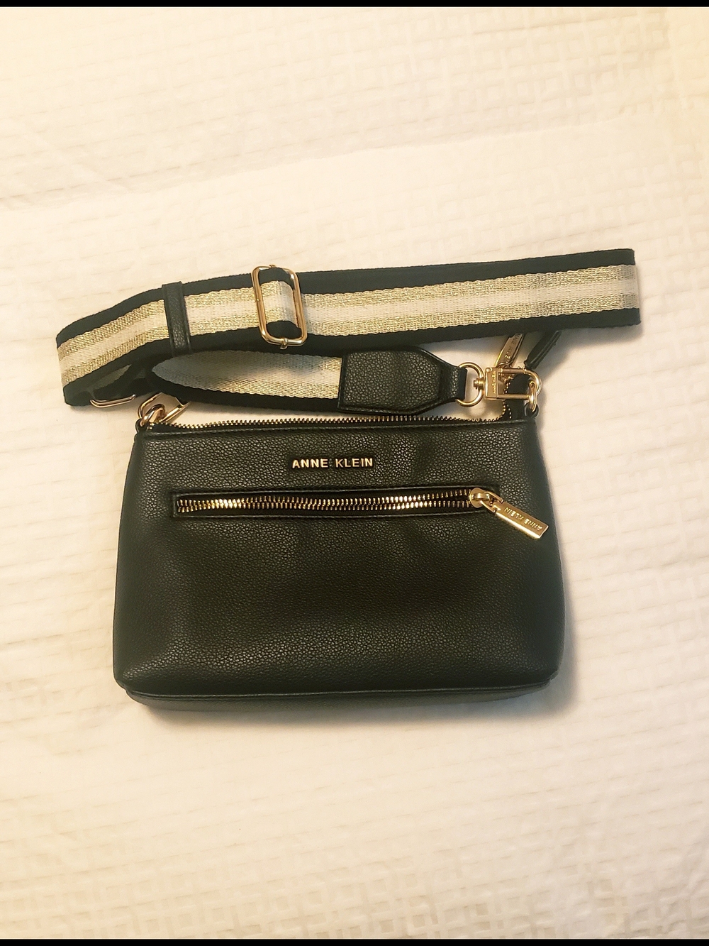 Anne Klein Black Pebbled Crossbody with Striped Adjustable Strap